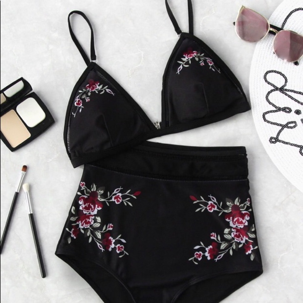 Calico Print Ladder Trim High Waist Bikini Set